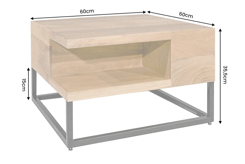 Table basse massive GIANT 60cm en manguier naturel finition crème métal étagère noire