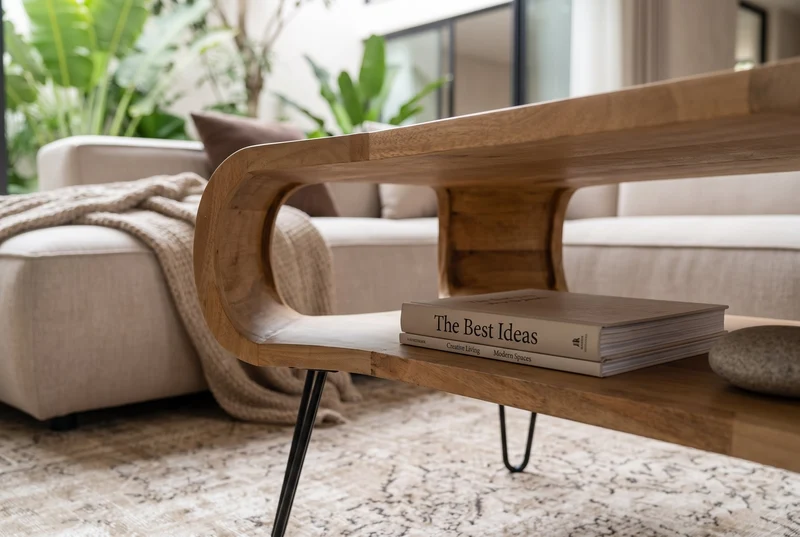Table basse ORGANIC LIVING 100cm en bois de manguier finition crème naturelle avec pieds en épingle à cheveux