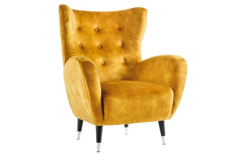 Fauteuil design rétro DON velours jaune moutarde âme à ressorts embouts pieds argentés