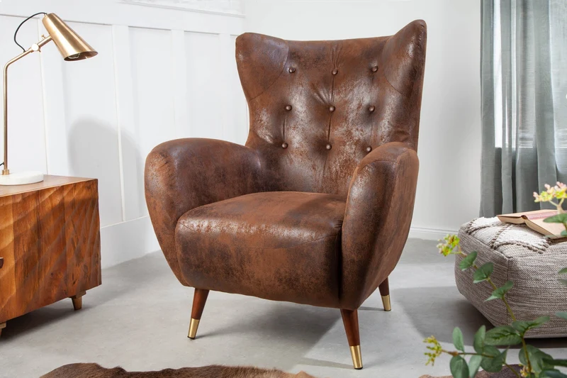 Fauteuil design rétro DON embouts de pieds en or marron antique avec âme à ressorts