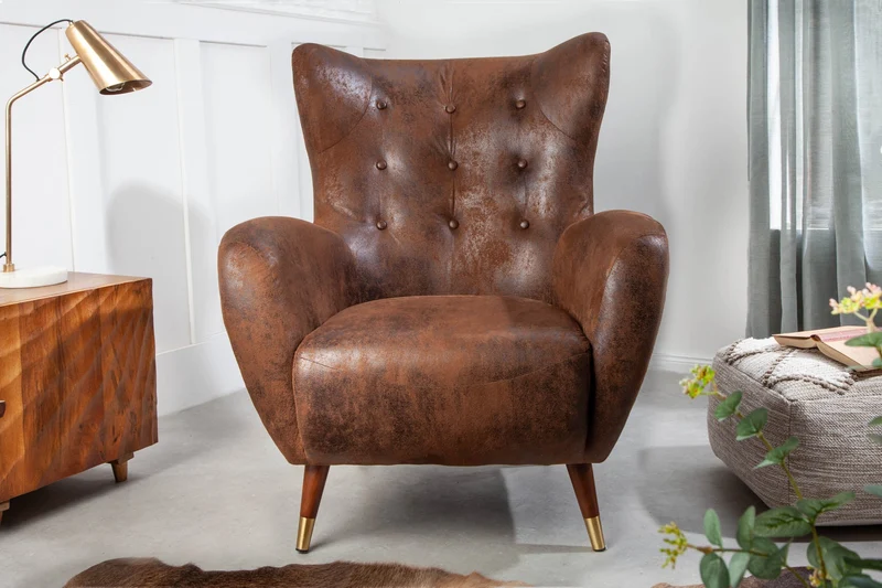 Fauteuil design rétro DON embouts de pieds en or marron antique avec âme à ressorts