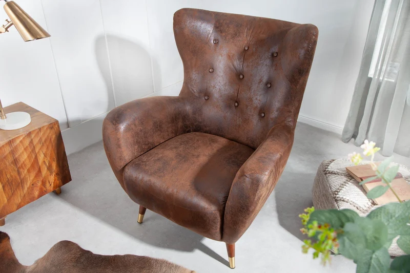 Fauteuil design rétro DON embouts de pieds en or marron antique avec âme à ressorts