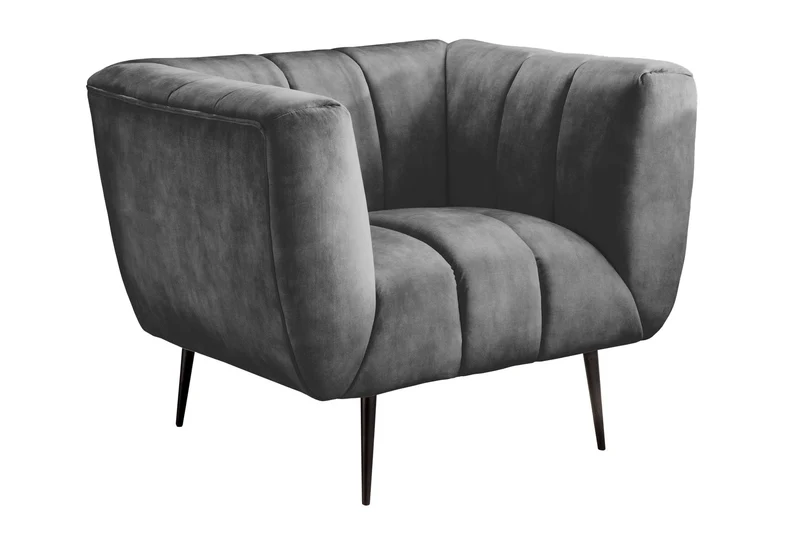 Fauteuil rétro NOBLESSE 105cm velours gris pieds métal noir âme à ressorts matelassage décoratif