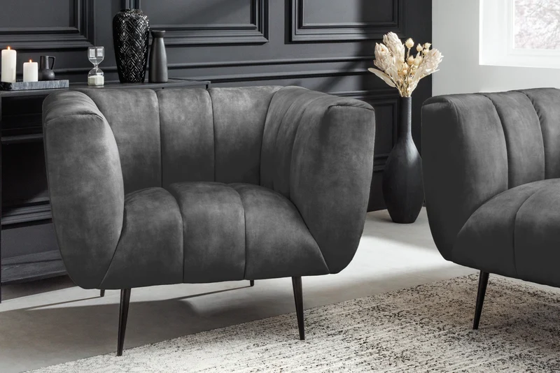 Fauteuil rétro NOBLESSE 105cm velours gris pieds métal noir âme à ressorts matelassage décoratif