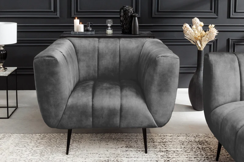 Fauteuil rétro NOBLESSE 105cm velours gris pieds métal noir âme à ressorts matelassage décoratif