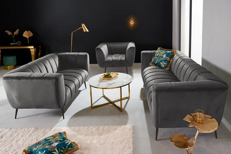Fauteuil rétro NOBLESSE 105cm velours gris pieds métal noir âme à ressorts matelassage décoratif