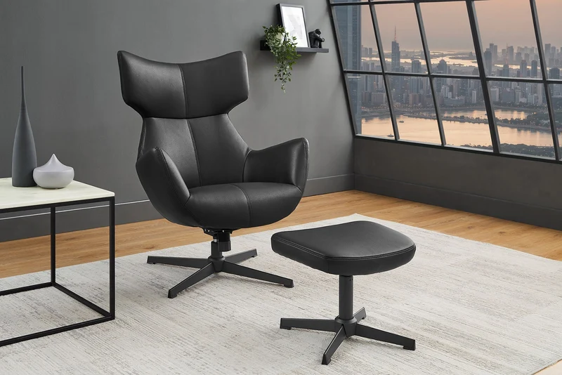 Fauteuil pivotant VOGUE noir cuir synthétique pieds métalliques avec accoudoir