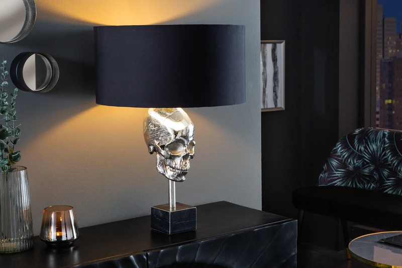 Lampe de table extravagante SKULL 56cm noir argent métal crâne sculpture lampe