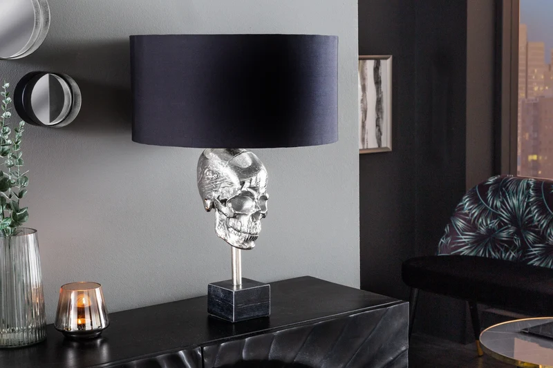 Lampe de table extravagante SKULL 56cm noir argent métal crâne sculpture lampe
