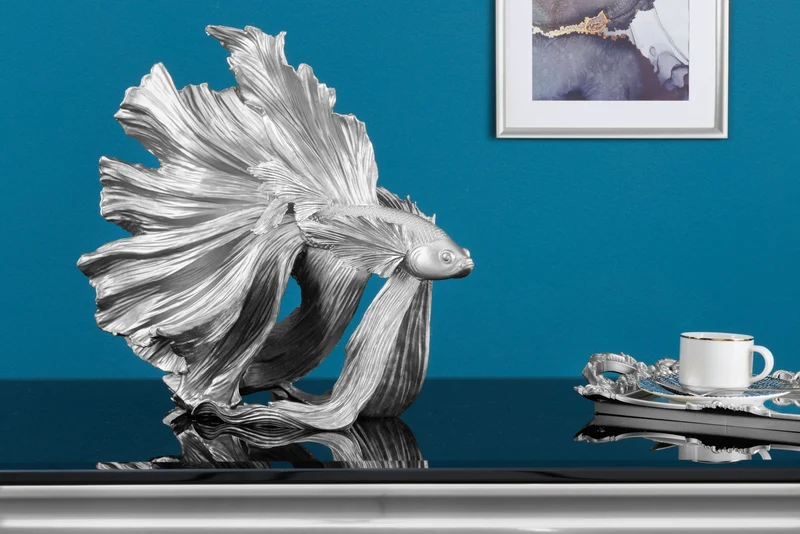 Figurine décorative design poisson combattant CROWNTAIL 35cm sculpture poisson Betta argent