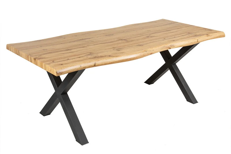 Table à manger industrielle WILD 160 cm design chêne sauvage marron bord d'arbre cadre en X noir
