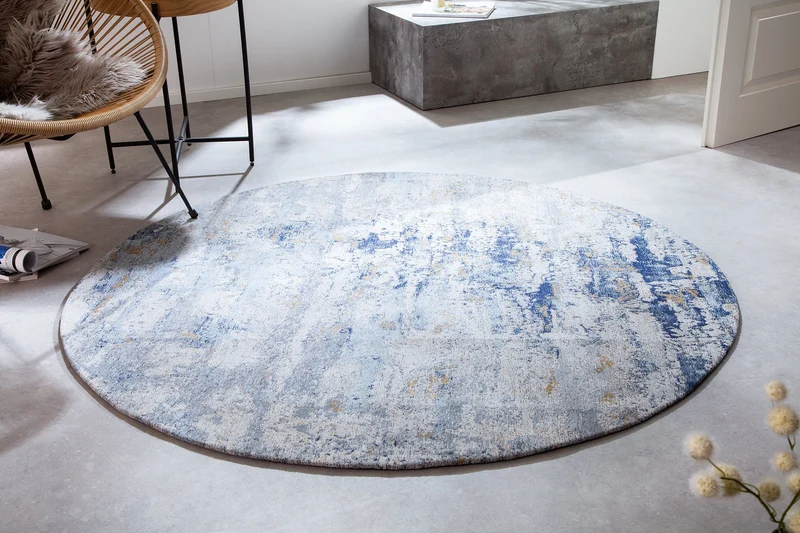 Tapis vintage MODERN ART 150cm bleu lavé rond look usé