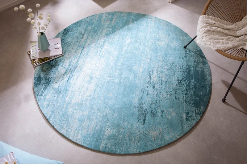 Tapis vintage MODERN ART 150cm turquoise lavé rond look usé