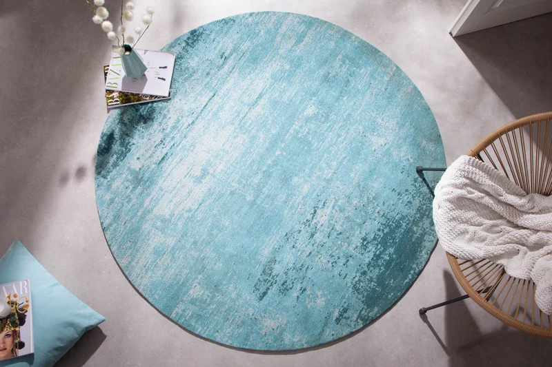 Tapis vintage MODERN ART 150cm turquoise lavé rond look usé