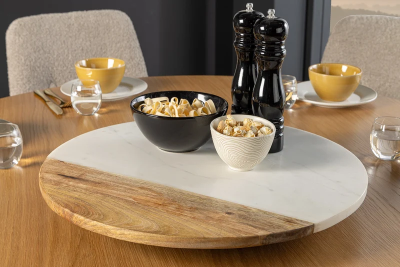 Lot de 2x Plateau tournant fait main SERVANT 50cm marbre naturel blanc assiette décorative en bois de manguier ronde