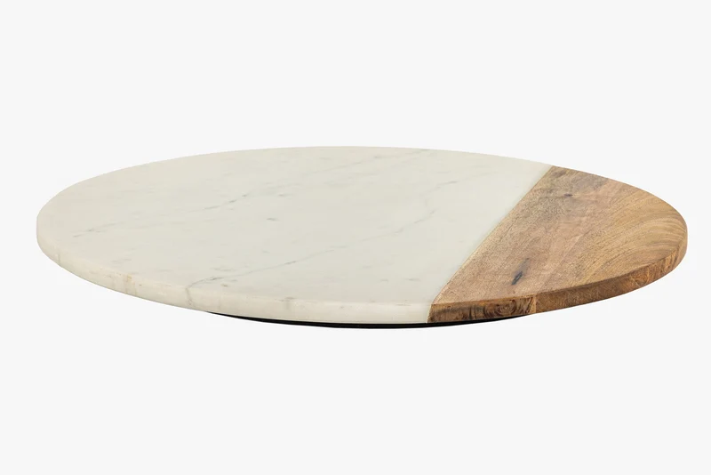 Lot de 2x Plateau tournant fait main SERVANT 50cm marbre naturel blanc assiette décorative en bois de manguier ronde