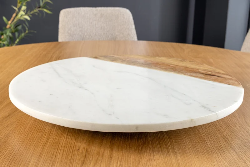 Lot de 2x Plateau tournant fait main SERVANT 50cm marbre naturel blanc assiette décorative en bois de manguier ronde