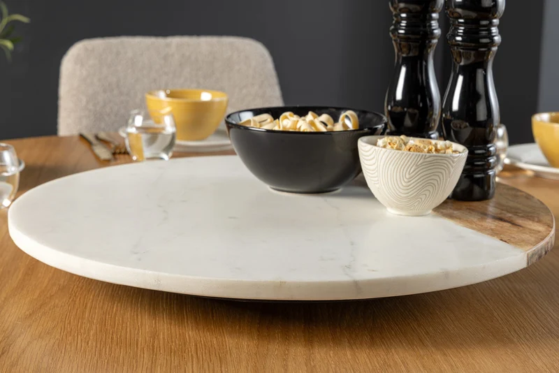 Lot de 2x Plateau tournant fait main SERVANT 50cm marbre naturel blanc assiette décorative en bois de manguier ronde