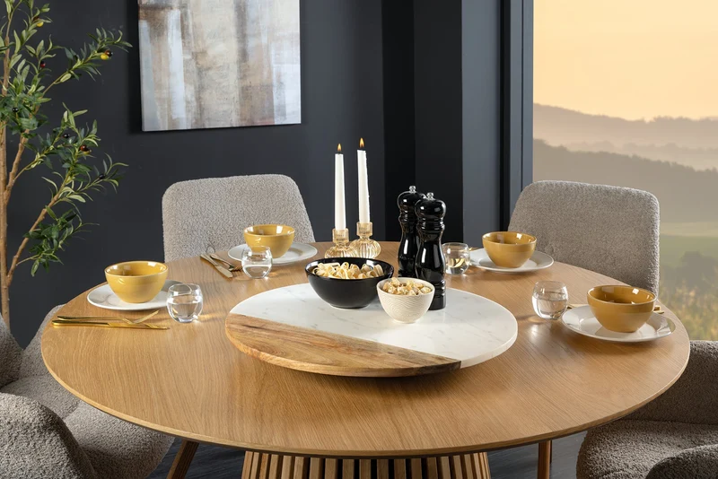 Lot de 2x Plateau tournant fait main SERVANT 50cm marbre naturel blanc assiette décorative en bois de manguier ronde