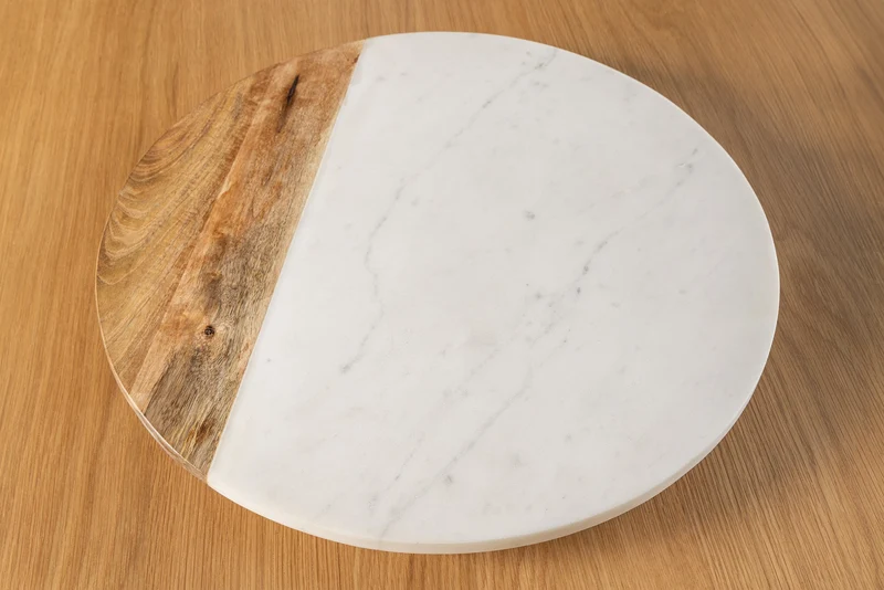 Lot de 2x Plateau tournant fait main SERVANT 50cm marbre naturel blanc assiette décorative en bois de manguier ronde