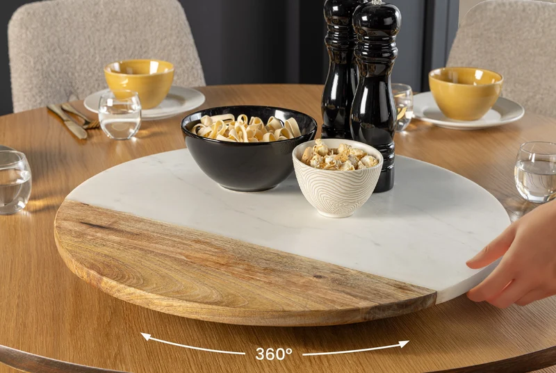 Lot de 2x Plateau tournant fait main SERVANT 50cm marbre naturel blanc assiette décorative en bois de manguier ronde