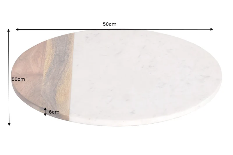 Lot de 2x Plateau tournant fait main SERVANT 50cm marbre naturel blanc assiette décorative en bois de manguier ronde