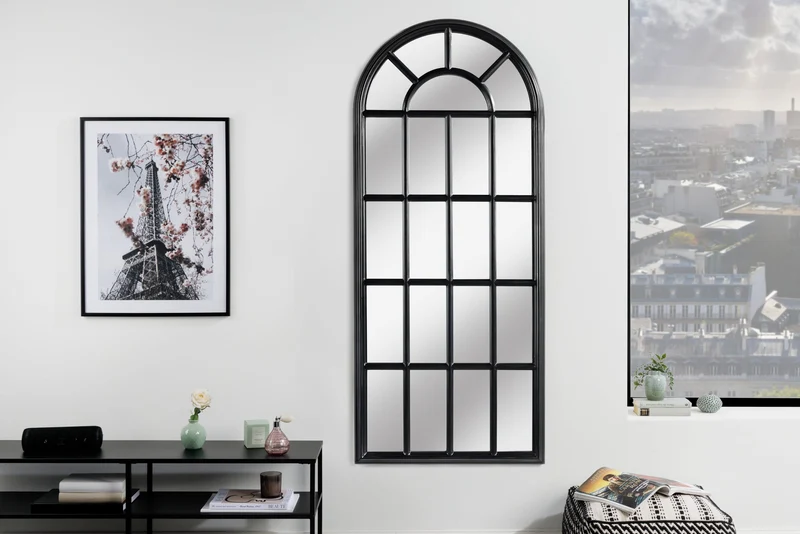 Miroir mural design CASTILLO 140cm fenêtre style maison de campagne noir