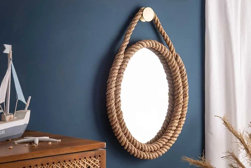 Miroir mural maritime SEVEN SEAS 60cm cadre ovale naturel avec suspension corde dorée