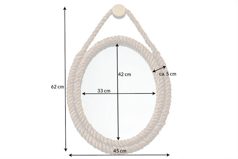 Miroir mural maritime SEVEN SEAS 60cm cadre ovale naturel avec suspension corde dorée