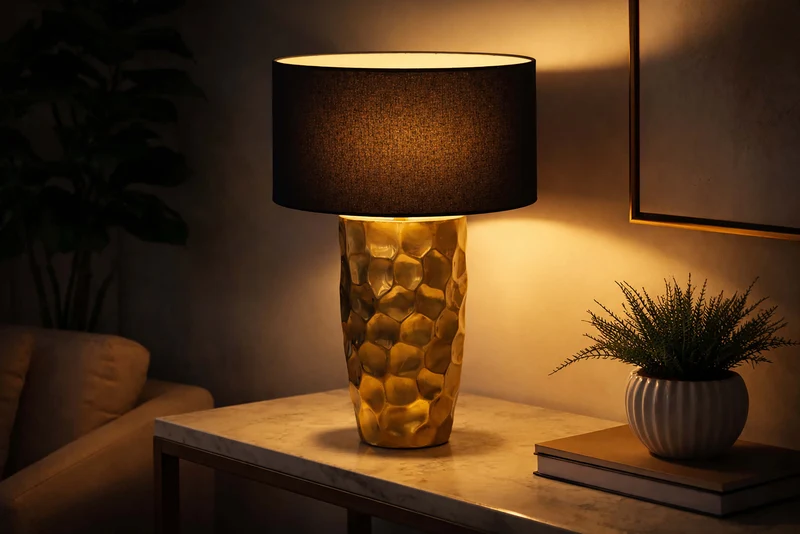 Lampe de table faite main AURELIA 55cm design martelé noir doré avec abat-jour en tissu