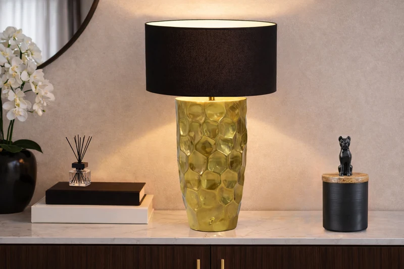 Lampe de table faite main AURELIA 55cm design martelé noir doré avec abat-jour en tissu