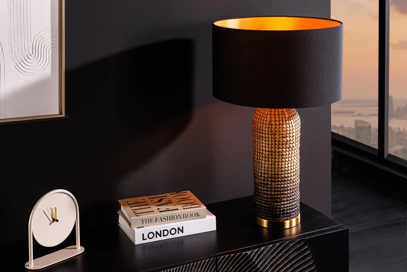 Lampe de table faite main ZEA 60cm abat-jour rond naturel noir jonc de mer