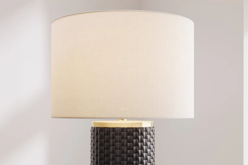 Lampe de table moderne ELEGANCIA 70cm abat-jour rond en tissu céramique noir doré