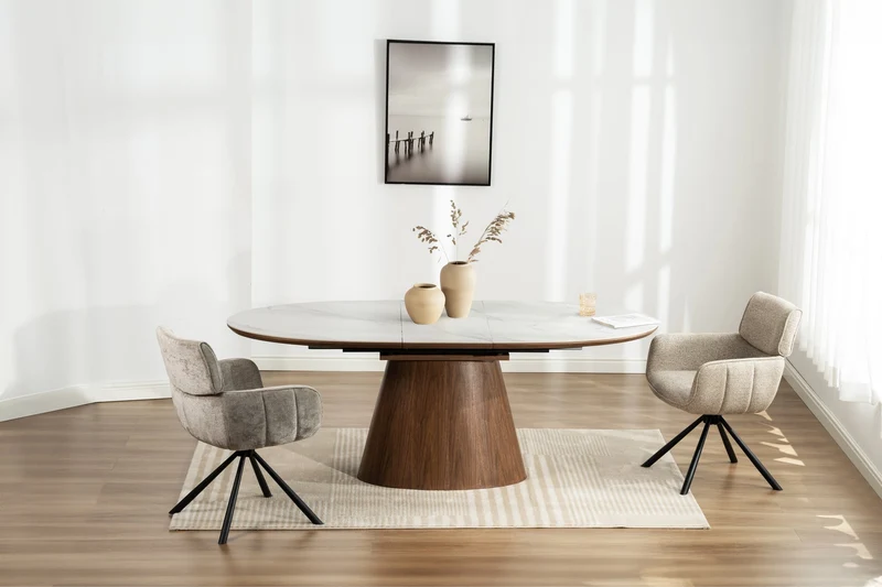 Table à manger extensible UNIQUE 160-200cm blanc marron noyer bois céramique marbre base colonne