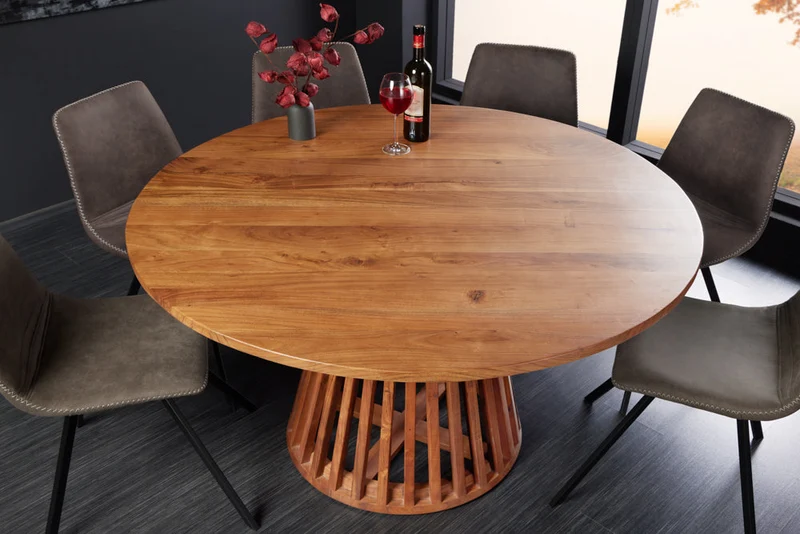 Table à manger ronde MAISON JADE 120cm piètement pilier en bois massif d’acacia naturel