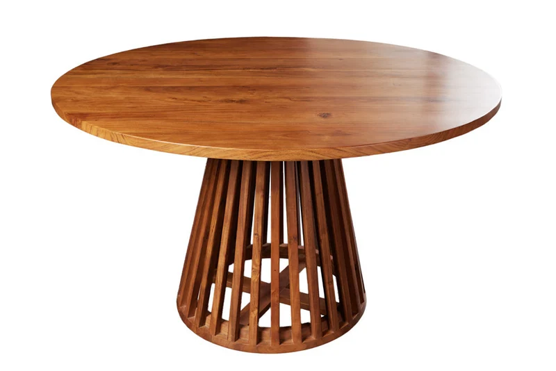 Table à manger ronde MAISON JADE 120cm piètement pilier en bois massif d’acacia naturel