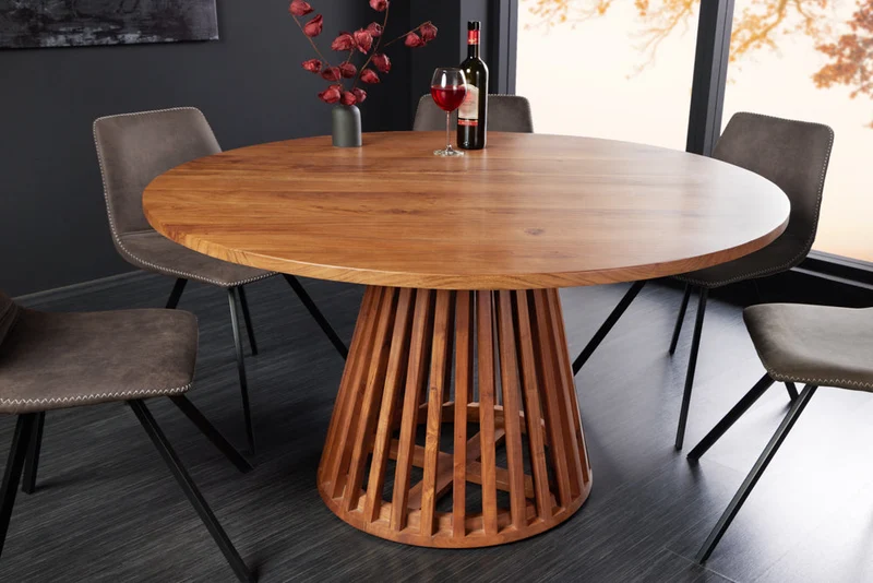 Table à manger ronde MAISON JADE 120cm piètement pilier en bois massif d’acacia naturel