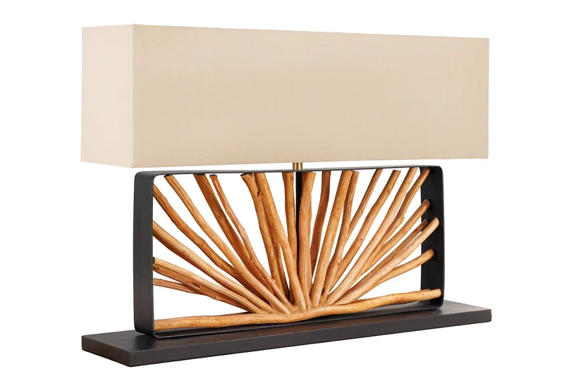 Lampe de table artisanale EUPHORIA 80cm naturel bois de Longan beige avec abat-jour en lin