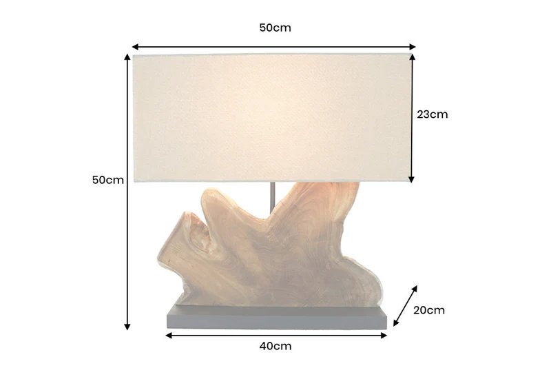 Lampe de table artisanale HYPNOTIC 50cm en teck naturel beige avec abat-jour en lin.