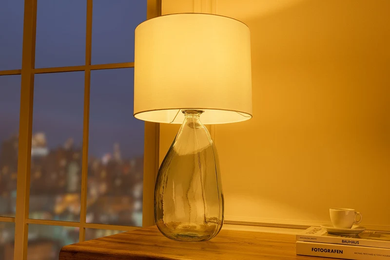 Lampe de table moderne CLASSIC 60cm verre recyclé transparent abat-jour en tissu blanc