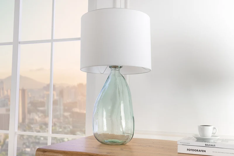 Lampe de table moderne CLASSIC 60cm verre recyclé transparent abat-jour en tissu blanc