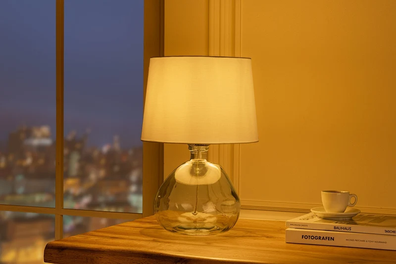Lampe de table moderne CLASSIC 45cm transparent verre recyclé blanc abat-jour en tissu