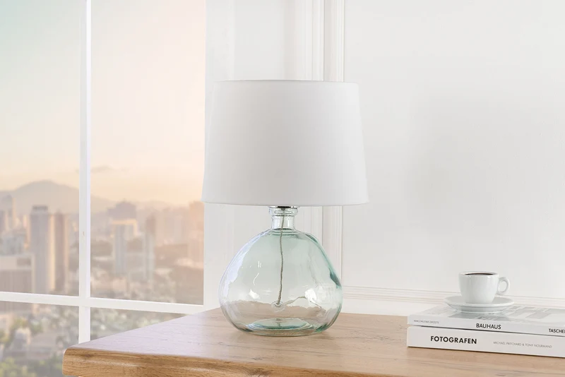Lampe de table moderne CLASSIC 45cm transparent verre recyclé blanc abat-jour en tissu
