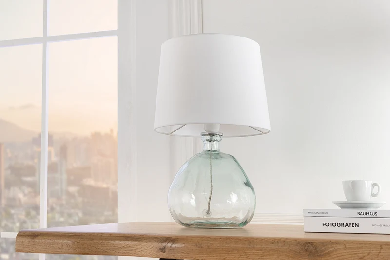 Lampe de table moderne CLASSIC 45cm transparent verre recyclé blanc abat-jour en tissu