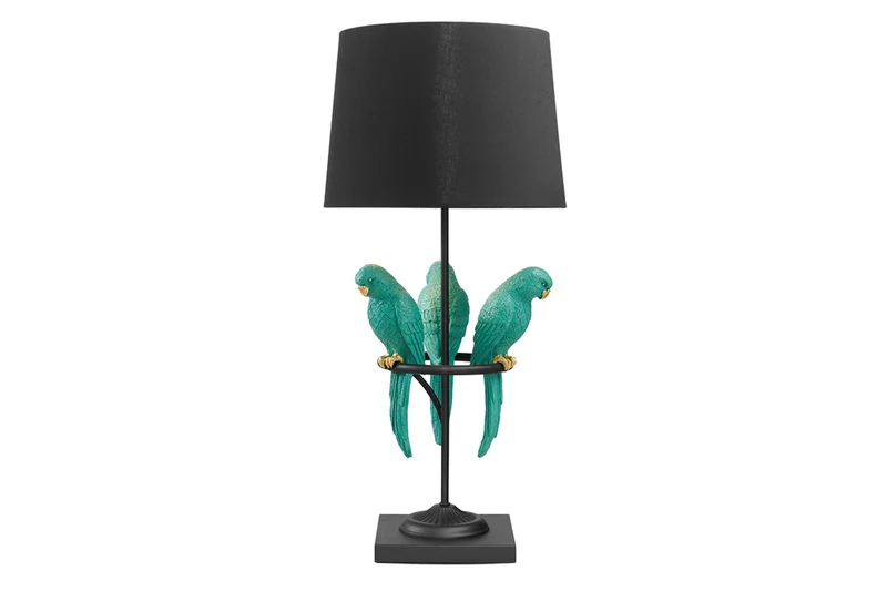 Lampe de table design WILDLIFE 75cm noir turquoise ronde sculptures de perroquet avec pied en marbre