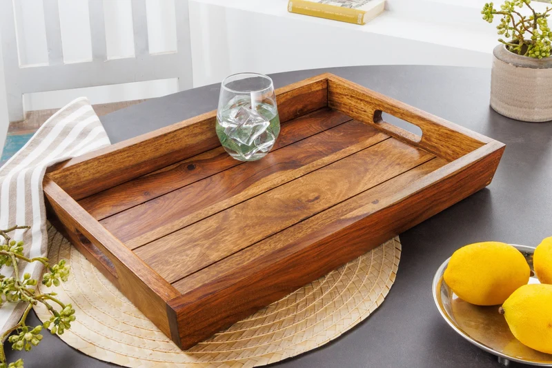 Plateau décoratif MAKASSAR 45cm plateau de service en bois massif Sheesham marron finition pierre