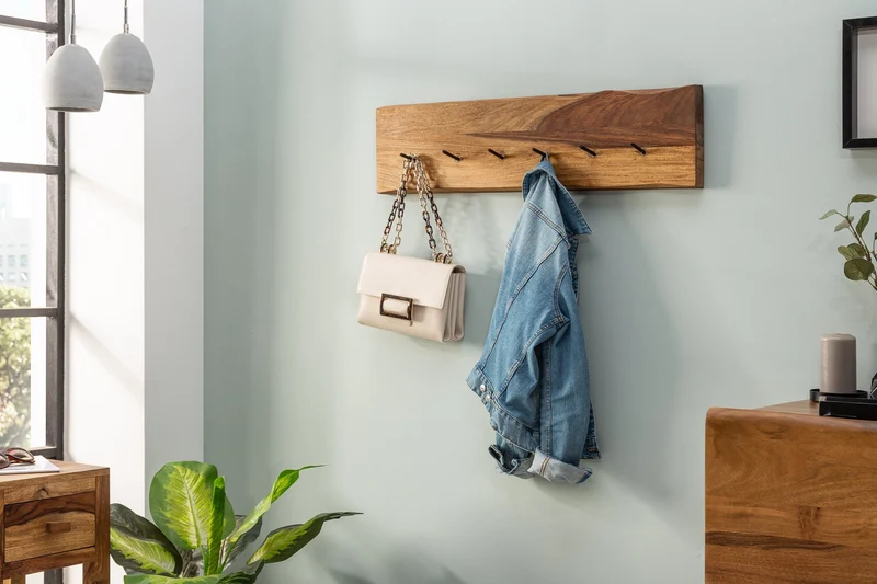 Porte-manteau mural en bois massif MAMMUT 80cm marron finition pierre Sheesham 6 patères