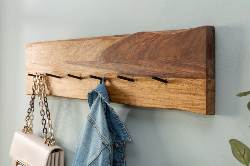 Porte-manteau mural en bois massif MAMMUT 80cm marron finition pierre Sheesham 6 patères