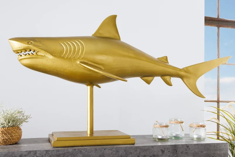 Sculpture maritime HAI 103cm doré fait main en métal design requin