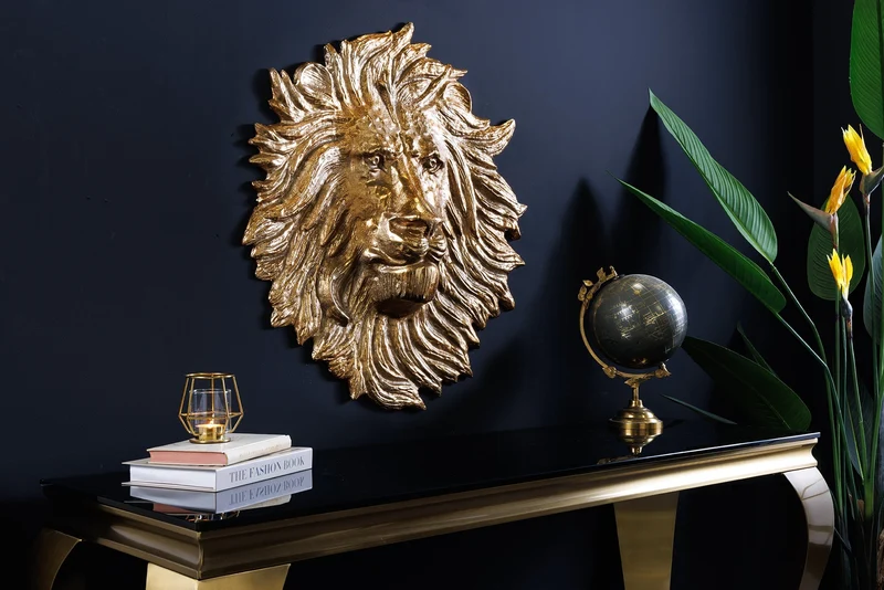 Décoration murale dorée LION SAUVAGE 60cm sculpture tête de lion en métal doré fait main